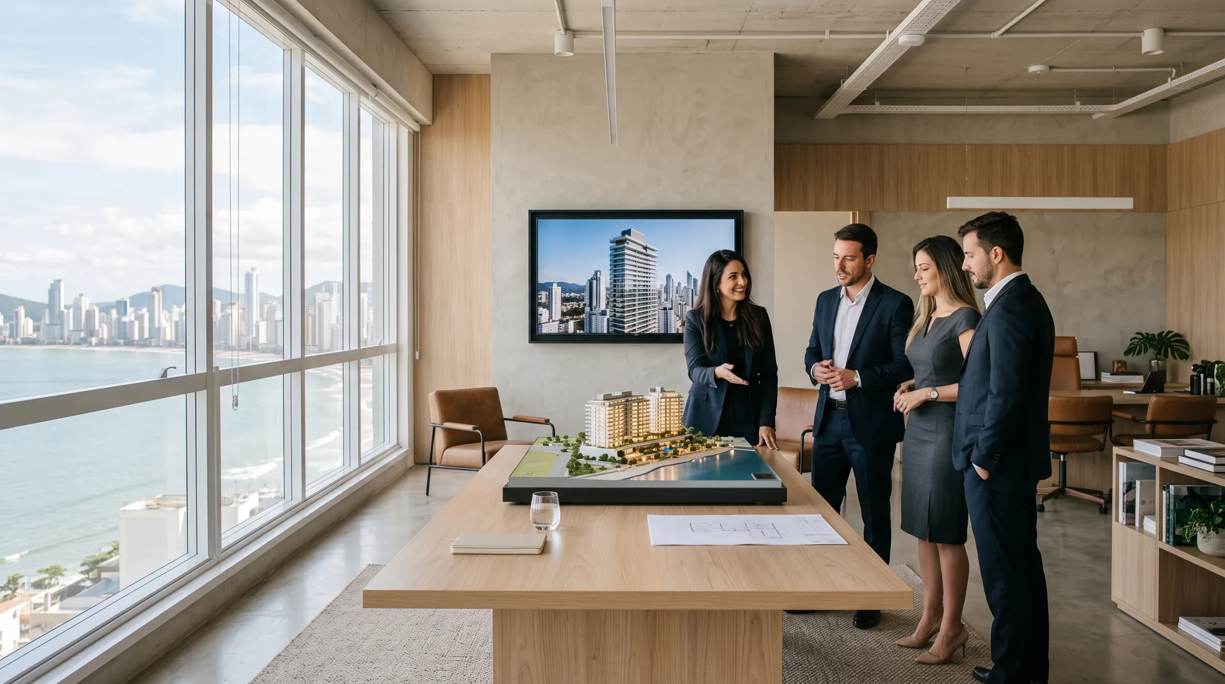 Equipe comercial da BOX7184 em reunião, com a maquete de um empreendimento